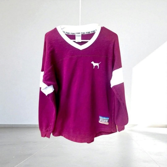 PINK Victoria's Secret Tops -  Pink Victoria Secret Maroon & White LongSleeve Logo Sweatshirt. ( Oversized)